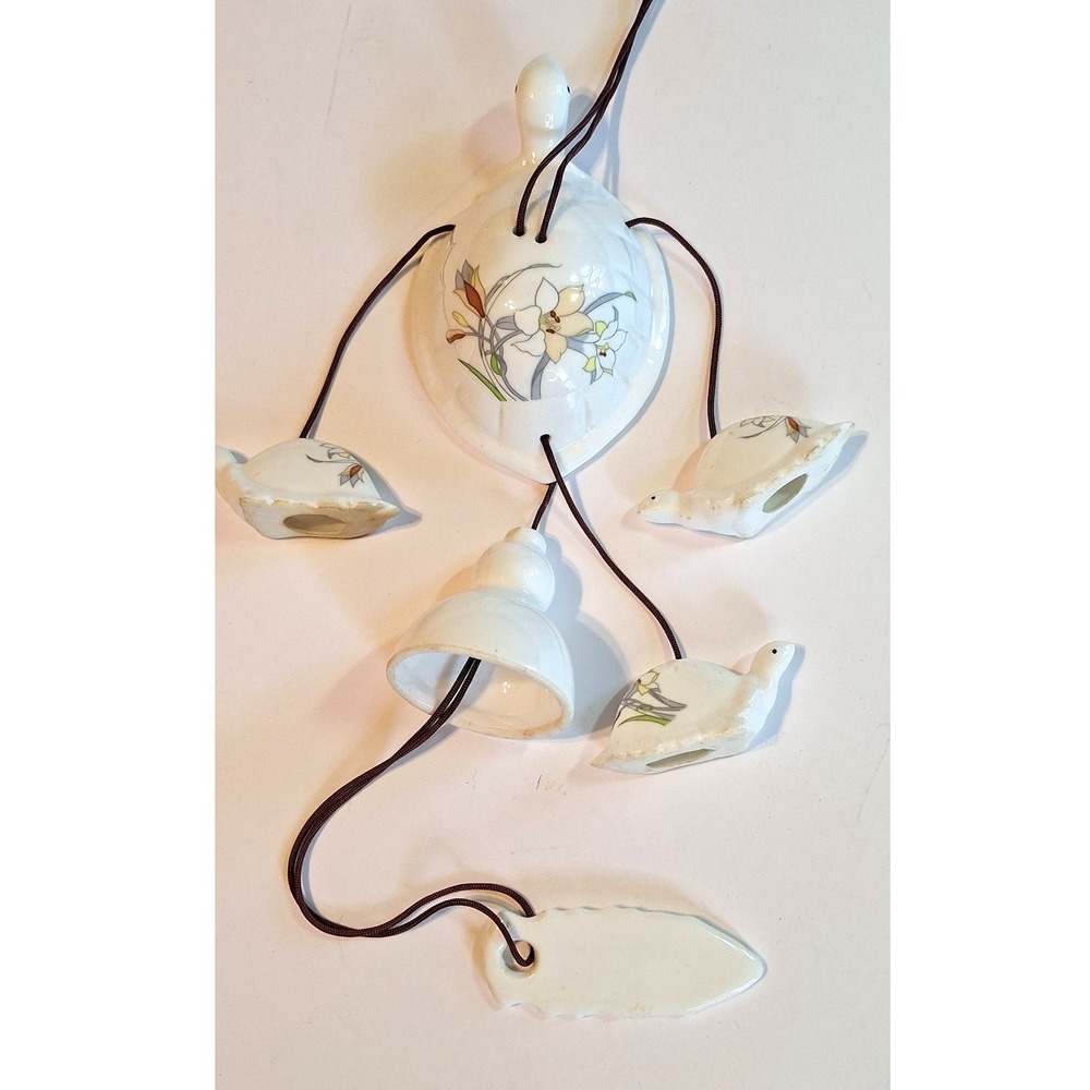 Vintage Ceramic Turtle Wind Chime Floral Porcelain Mobile Garden Decor White